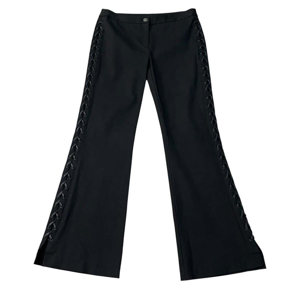 Y2K BCBG MaxAzria Lace Up Sides Flare Leg Pants Size 6 Black Stretch Cotton
